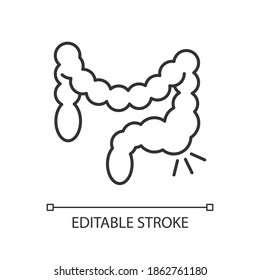 Constipation linear icon. Abdominal pain. Bowel movements. Hemorrhoids. Digestive disorder. Thin line customizable illustration. Contour symbol. Vector isolated outline drawing. Editable stroke