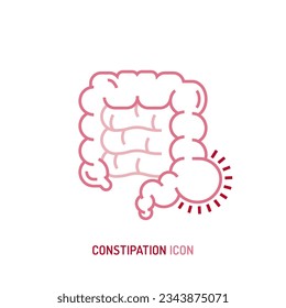 Pictograma lineal de estreñimiento, símbolo. Problema de retención de heces. Obstrucción intestinal. Inicio de sesión médico en el estilo de contorno. Ilustración vectorial editable en colores rosados y rojos aislados en fondo blanco.