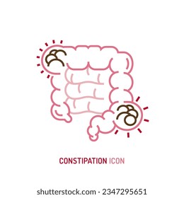 Constipation linear pictogram, symbol. Retention of feces problem. Intestinal obstruction. Medical sign in outline style. Editable vector illustration in pink, red colors isolated on white background.