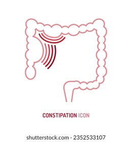 Pictograma lineal de estreñimiento, símbolo. Problema de retención de heces. Obstrucción intestinal. Inicio de sesión médico en el estilo de contorno. Ilustración vectorial editable en colores rosados y rojos aislados en fondo blanco.