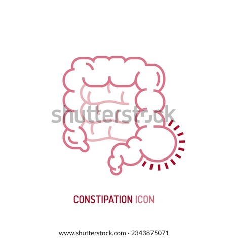 Constipation linear pictogram, symbol. Retention of feces problem. Intestinal obstruction. Medical sign in outline style. Editable vector illustration in pink, red colors isolated on white background.