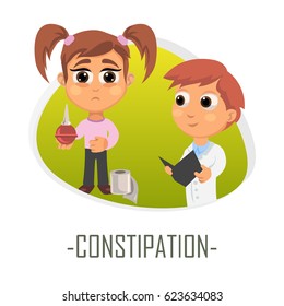 Constipation medical concept. Vector illustration. Doctor and patient are talking in the hospital. Isolated on white background.