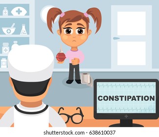 Constipation medical concept. Vector illustration. Doctor and patient are talking in the hospital. Isolated on white background.