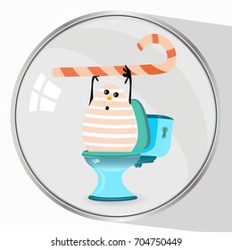 constipation of pain in the abdomen concept. Diarrhea and bloating. A funny egg with a sweet stick on the toilet. Not the right food. illustration