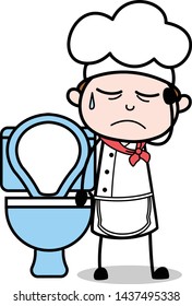 Constipation Problem - Cartoon Waiter Male Chef Vector Illustration