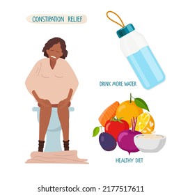 Constipation Relief. Foods That Help Relieve Constipation. Healthy nutrition Rules. Vector illustration isolated on white background for educational use. Natural Foods, water To Relieve Constipation