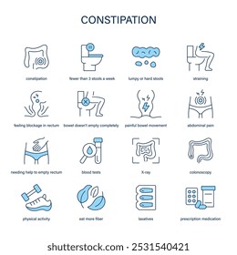 Conjunto de Vectores de síntomas de estreñimiento, diagnóstico y tratamiento. Iconos médicos.