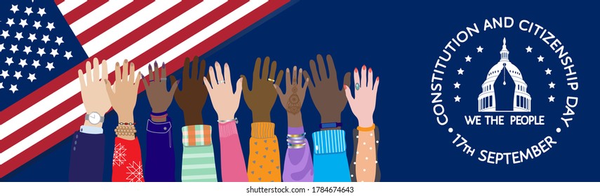 Constitution and citizenship Day in USA on 17th of September. We The People quote. Round sign, Capitol Building, pen, flag, diverse skin color hands. Vector isolated on blue background, poster, banner