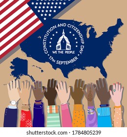 Constitution and citizenship Day in USA on 17th September. We The People quote. Round sign, Capitol Building, pen, United States flag, map, diverse skin color hands. Vector flat poster, card, banner