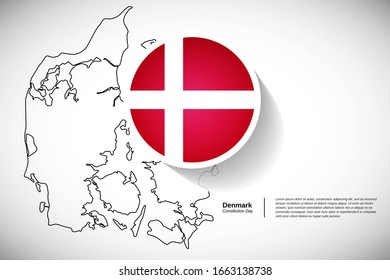 Constitution day of Denmark. Creative national holiday of Denmark with map design elements and country flag in circle. Modern greeting card, banner vector illustration.