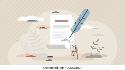 Constitution document with signature on official paper tiny person concept. Democratic fundamental legal agreement with civil laws vector illustration. Federal declaration manuscript text writing. svg
