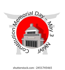 In: Constitution Memorial Day Event Banner. Illustration des Diet-Gebäude in Tokio im Kreis rot, Symbol der japanischen Flagge auf weißem Hintergrund zu erinnern am 3. Mai in Japan