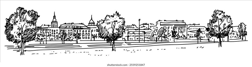 Constitution Square in Minsk city ​​panorama hand drawing doodle hatching vector sketch