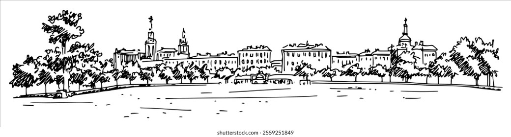 Constitution Square in Minsk city ​​panorama hand drawing doodle hatching vector sketch