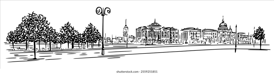 Constitution Square in Minsk city ​​panorama hand drawing doodle hatching vector sketch