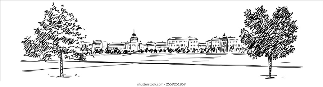 Constitution Square in Minsk city ​​panorama hand drawing doodle hatching vector sketch