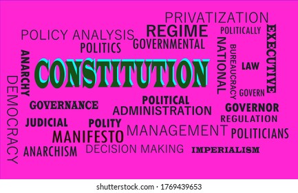 Constitution word highlighted in 3d pattern with related terminology vector abstract on pink background. 