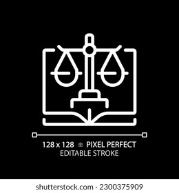 Constitutional law pixel perfect white linear icon for dark theme. Legal government regulation. Legislative system protection. Thin line illustration. Isolated symbol for night mode. Editable stroke