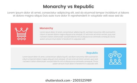 Constitutional monarchy vs republic comparison or versus concept for infographic template banner with long rectangle box horizontal stack with two point list information vector