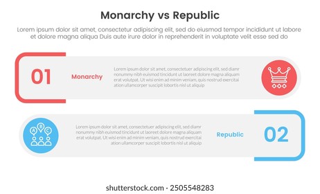 Comparación constitucional entre monarquía y república o concepto versus para Anuncio de Plantilla de infografía con pila de caja rectangular redonda con Vector de información de lista de dos puntos