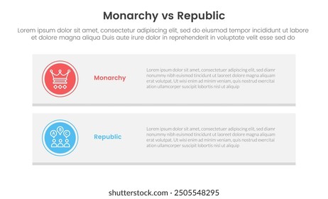 Constitutional monarchy vs republic comparison or versus concept for infographic template banner with long rectangle box vertical with two point list information vector