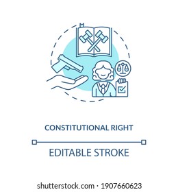 Icono del concepto turquesa de derecha constitucional. Legislación para la propiedad de armas de fuego. Derechos de armas, idea de control de armas, ilustración de línea delgada. Dibujo de color RGB con contorno aislado del vector. Trazo editable
