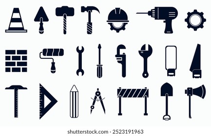 Ícone de construção Definir vetor. Martelo, chapéu, broca, serra, tijolo, engrenagem, barrer, vetor de troalha.