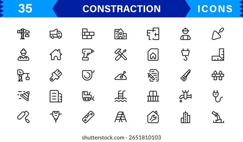 Constraction Icons Pack – Stylish Vector Icons Featuring Tools, Engineering, Building Elements