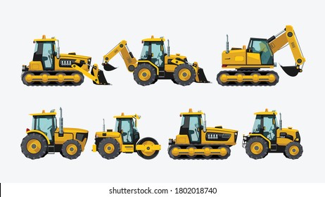 Constraction Tractors Vehicles Isolated Set On White