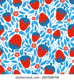 Constrast strwberry seamless pattern with blue and red colors on white background, oranate for kitchen textile