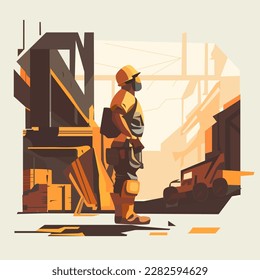 Constrruction worker with building environment flat illustration