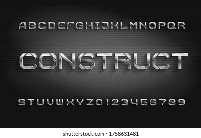 Construct alphabet font. Metal effect letters and numbers with shadow. Abstract background. Stock vector typeface for your typography design.