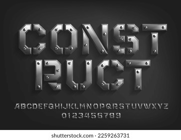 Construct alphabet font. Metal letters and numbers with screws. Stock vector typeface for your typography design.