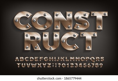 Construct alphabet font. Metallic letters and numbers with screws. Stock vector typeface for your design.
