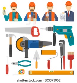 Construct icons flat set with engineer avatars and worker tools isolated vector illustration