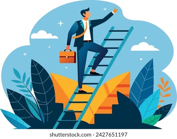 Construct a ladder to success, a stairway to enhance potential, a career route or a professional accomplishment, a growth step to advance beyond a challenge notion, a businessman 