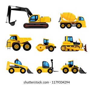 Construct machines. Heavy machinery vehicles large buldozer bauean roller excavator concrete mixer and loader vector transport