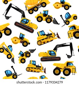 Construct machines pattern. Heavy machinery vehicles large buldozer bauean roller excavator concrete mixer and loader vector seamless background with transport