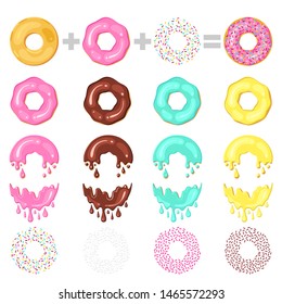 Construct your donut. Concept donuts designer : basis of donut, glaze and different toppings