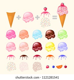 Construct your ice cream. Concept ice cream designer. Cone, ice cream scoops and different toppings