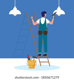 constructer man with drill and tools bucket design of remodeling working and repairing theme Vector illustration