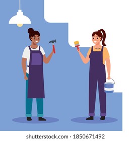 constructer and painter women design of remodeling working and repairing theme Vector illustration