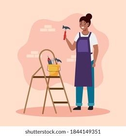mujer constructora con martillo y herramientas diseño de cubeta de remodelación de trabajo y reparación tema Vector ilustración