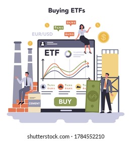 Constructin material production industry online service or platform set. Bricks, cement, sand and crushed stone production. Buying ETFs. Isolated flat vector illustration