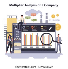 Constructin material production industry online service or platform set. Bricks, cement, sand and crushed stone production. Multiplier analysis of a company. Isolated flat vector illustration