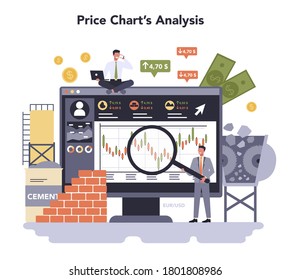 Constructin material production industry online service or platform set. Bricks, cement, sand and crushed stone production. Price chart analysis. Isolated flat vector illustration