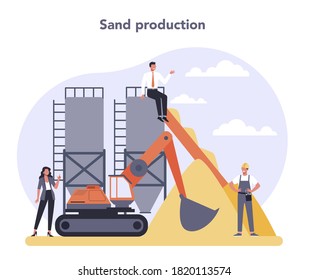 Construcción de la industria de producción de materiales. Producción de arena. Construcción de mercancía. Norma mundial de clasificación de la industria. Ilustración vectorial plana aislada