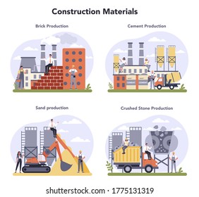 Constructin material production industry set. Bricks, cement, sand and crushed stone production. Building commodity. Global industry classification standard. Isolated flat vector illustration