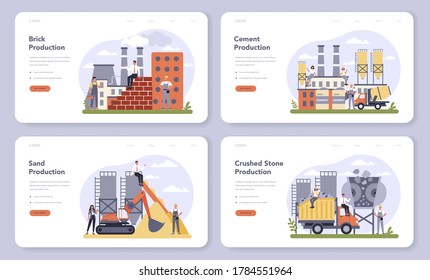 Constructin material production industry web banner or landing page set. Bricks, cement, sand and crushed stone production. Global industry classification standard. Vector illustration