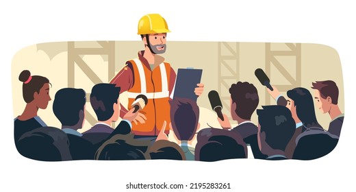 Constructing Engineer Builder Speaker Man Giving Interview To Reporters At Construction Site. Constructor Supervisor Person Public Speech. Building Industry News Report Flat Vector Illustration